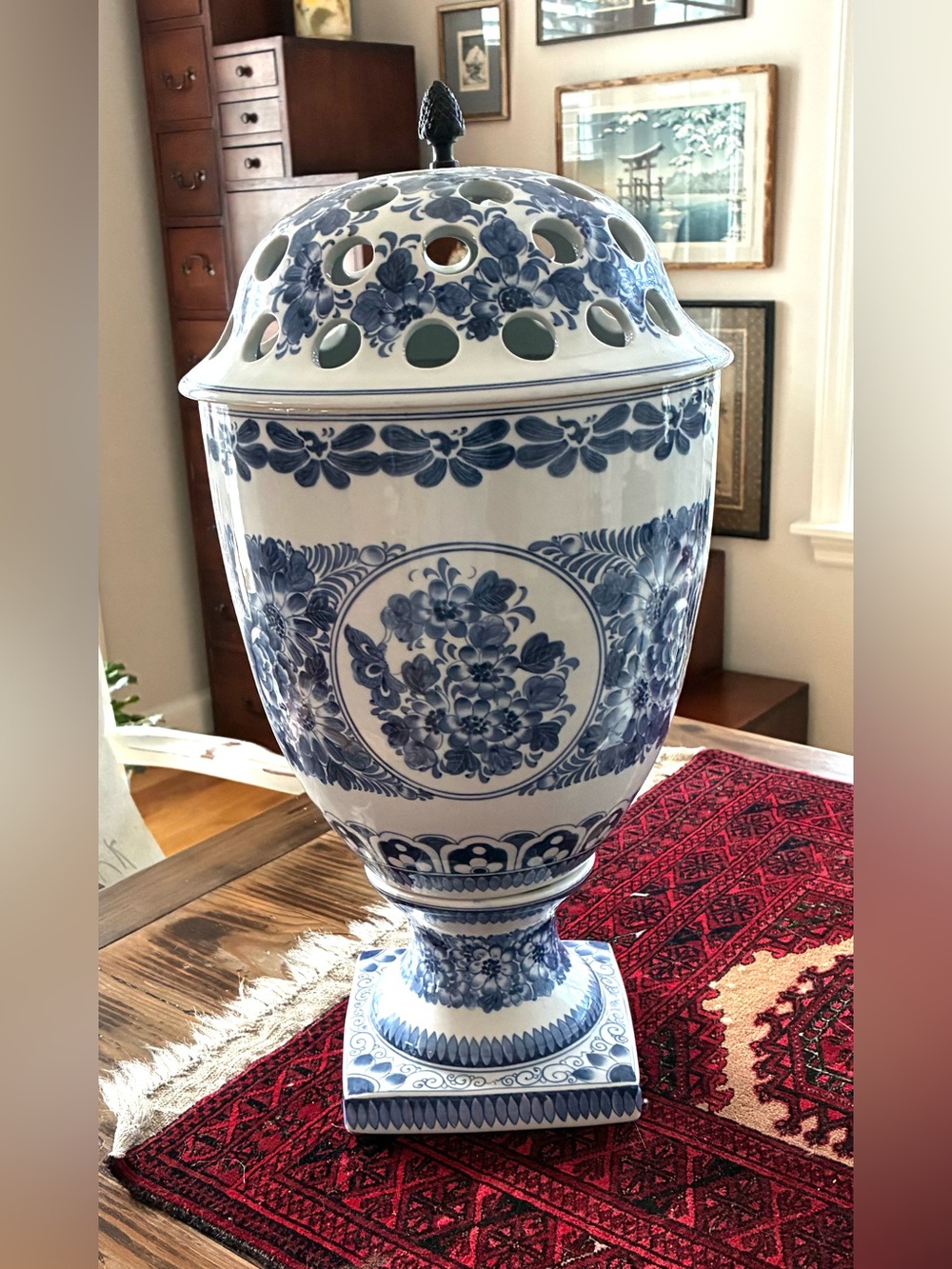 Stunning Blue and White Floral Ceramic Urn Vase - Huge!